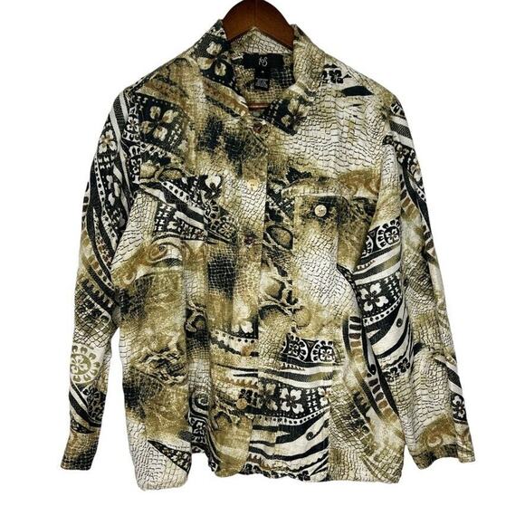 IOS Silk Linen Snake Skin Print Artsy Long Sleeve Shirt Blouse Plus 1X Women - Picture 1 of 10